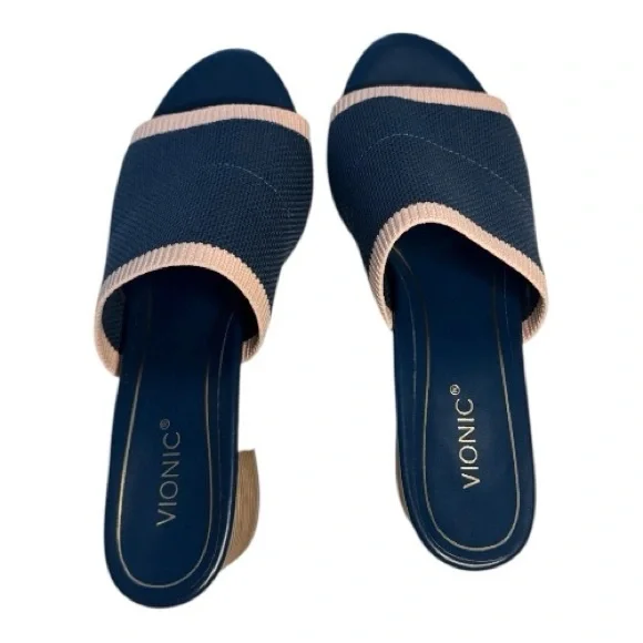 VIONIC Fleur Block Heel Blue w/Pink Trim Mules Knit Upper Slip On Sandals Size 9 - Picture 3 of 7